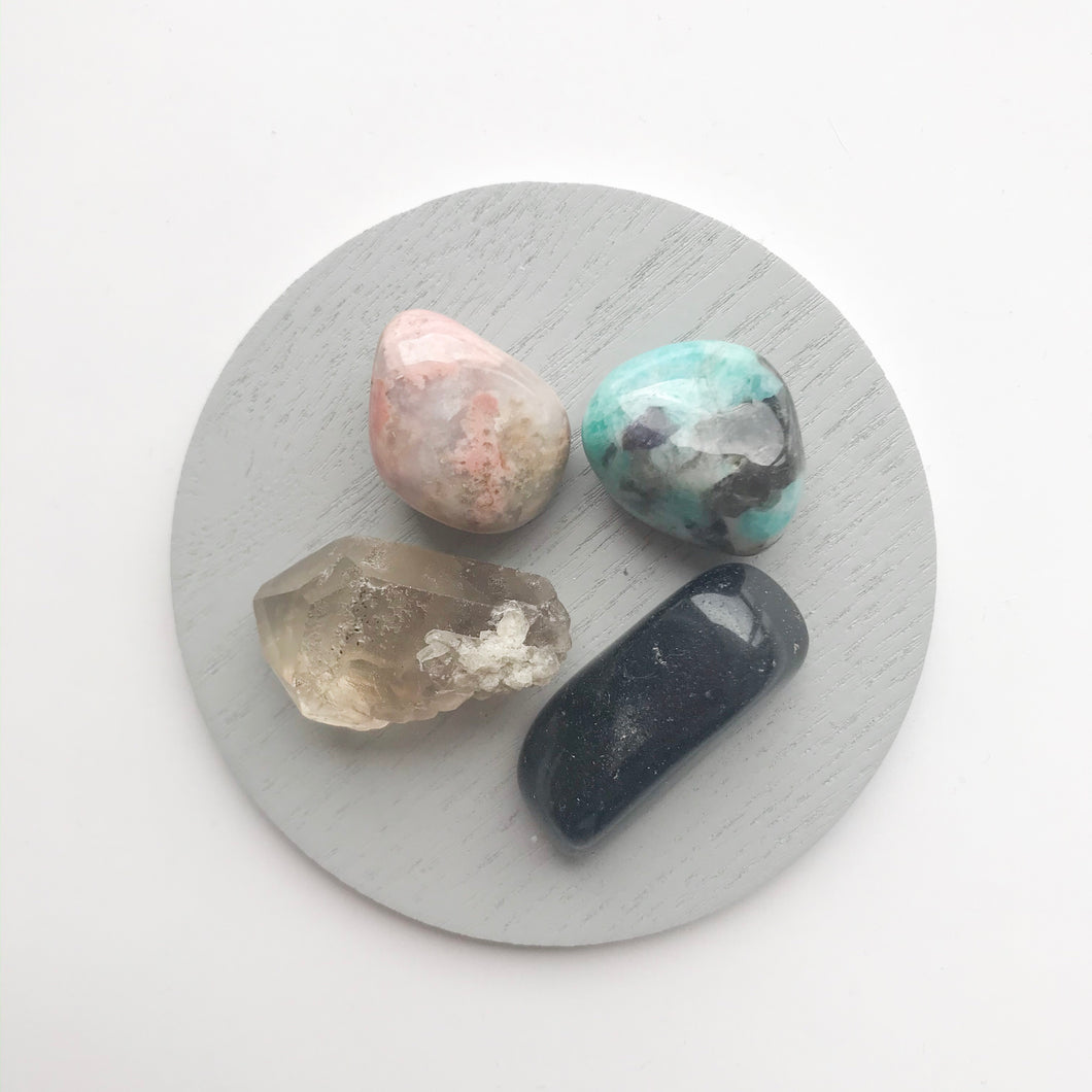 apache tears, amazonite, smokey quartz, rhodonite crystals