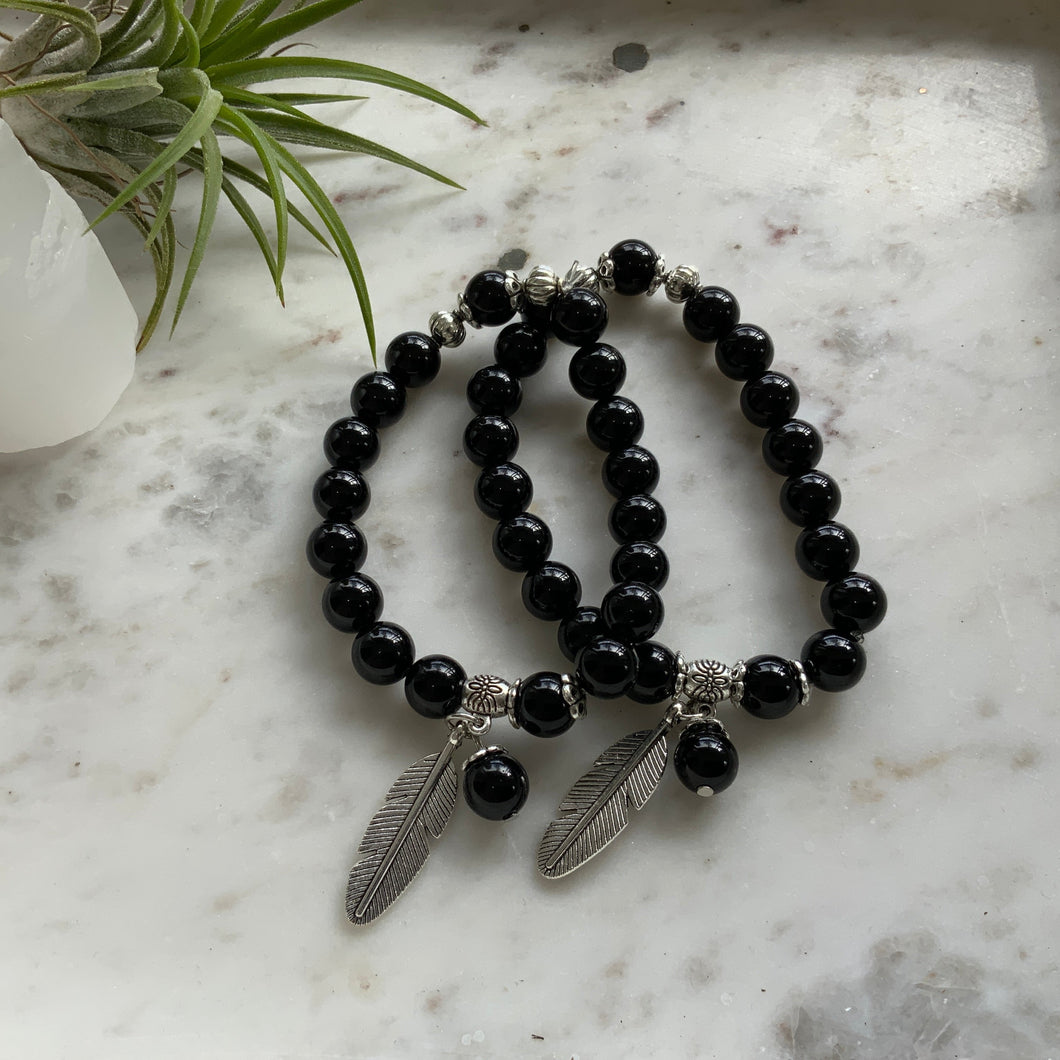 Black Obsidian Bracelet with Feather
