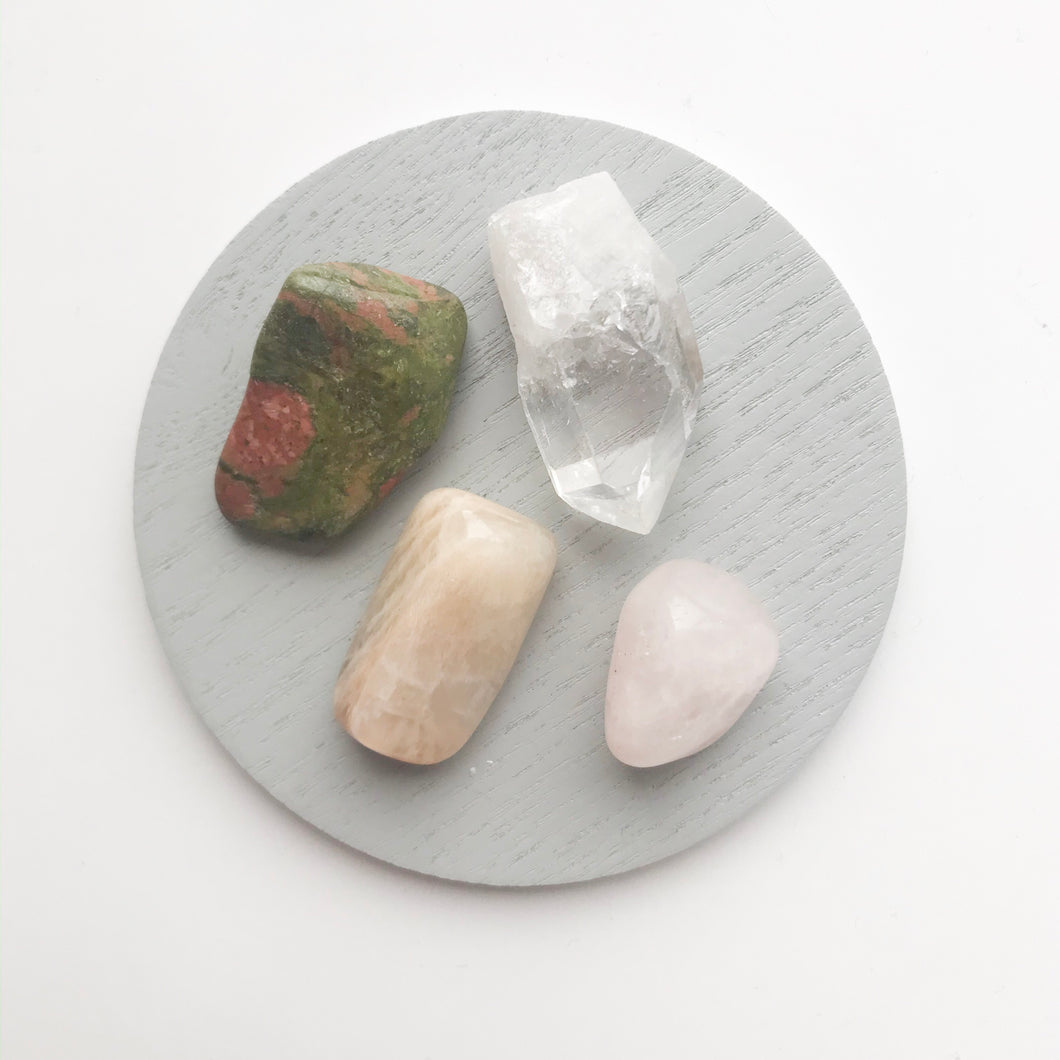 Motherhood Crystal statement bag. Unakite, clear quartz, moonstone and rose quartz crystals