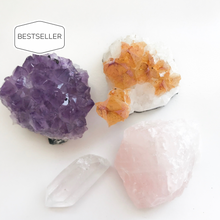 Load image into Gallery viewer, Crystal Starter Kit: Amethyst cluster, Citrine cluster, rough rose quartz and a clear quartz 
